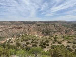 Wide view of Palo Duro Canyon in the Texas Panhandle with layered rock formations, shrubs, and sweeping blue sky.