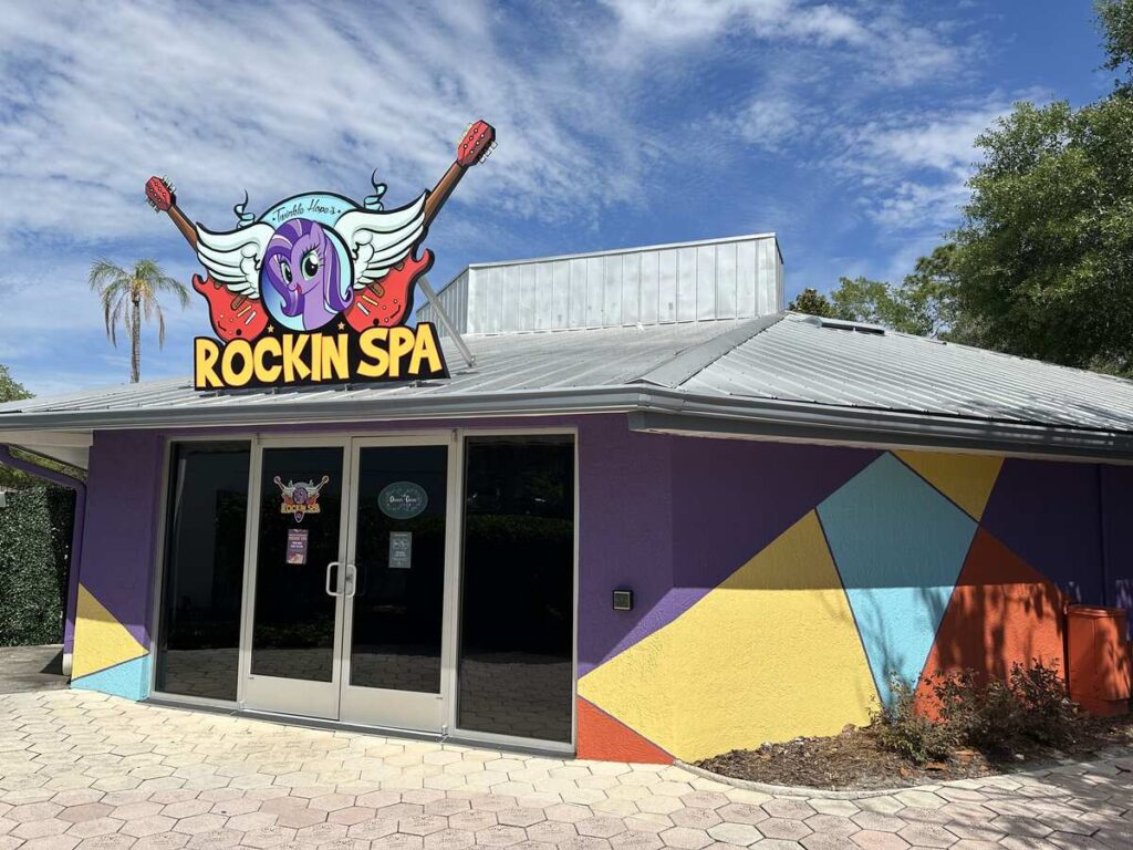 Colourful exterior of the Rockin’ Spa building at Give Kids The World Village in Kissimmee.