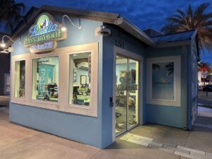Exterior of the Radio Margaritaville SiriusXM studio lit up at night.