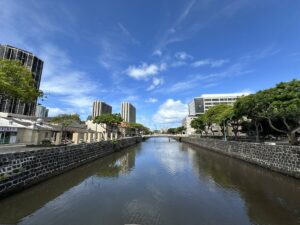 Canal running through downtown Honolulu near Chinatown.