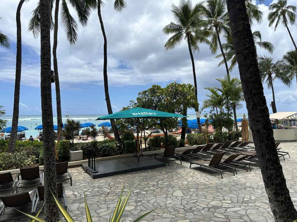 Oceanfront patio at Duke’s Waikīkī overlooking Waikīkī Beach.