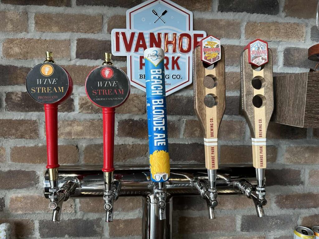 Wine and beer taps at My Beer Spa, including prosecco, cabernet sauvignon, and local craft beer options.