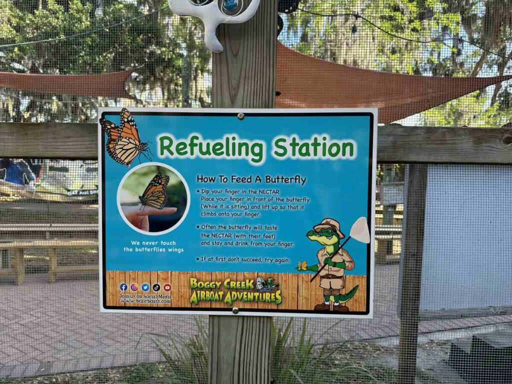 Refueling Station sign explaining how butterflies feed at Boggy Creek Airboat Adventures.