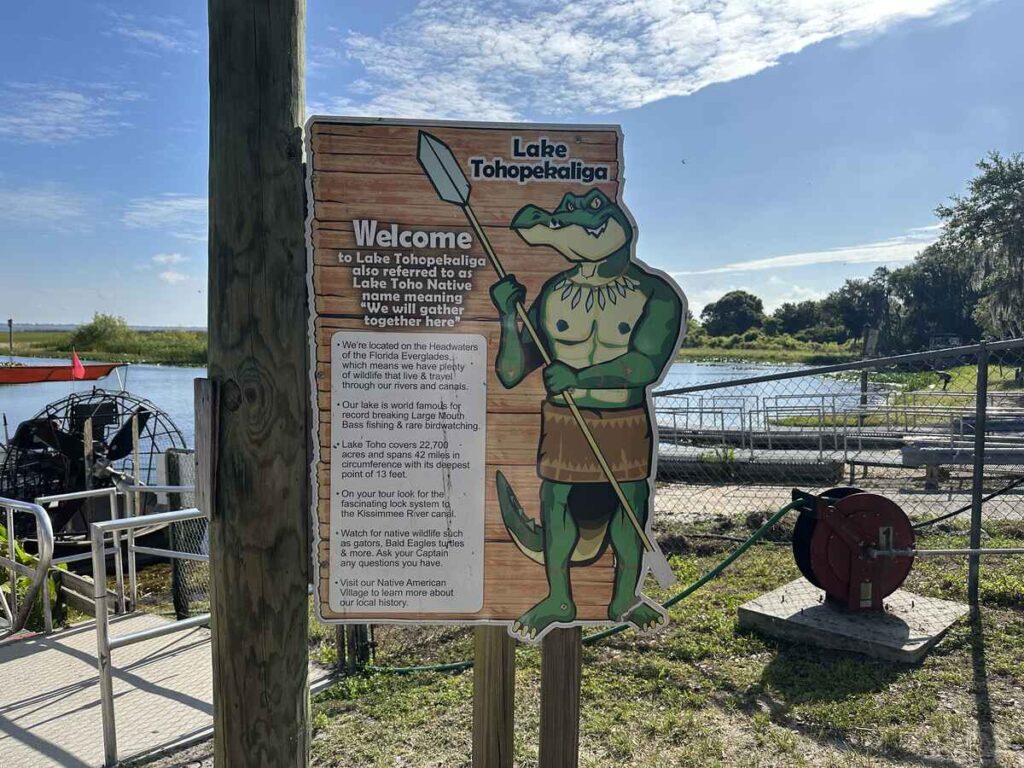Lake Tohopekaliga welcome sign at Boggy Creek with information about Lake Toho and the Florida Everglades headwaters.