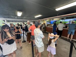 Visitors line up at the Kualoa Ranch ticket windows before their scheduled tours.