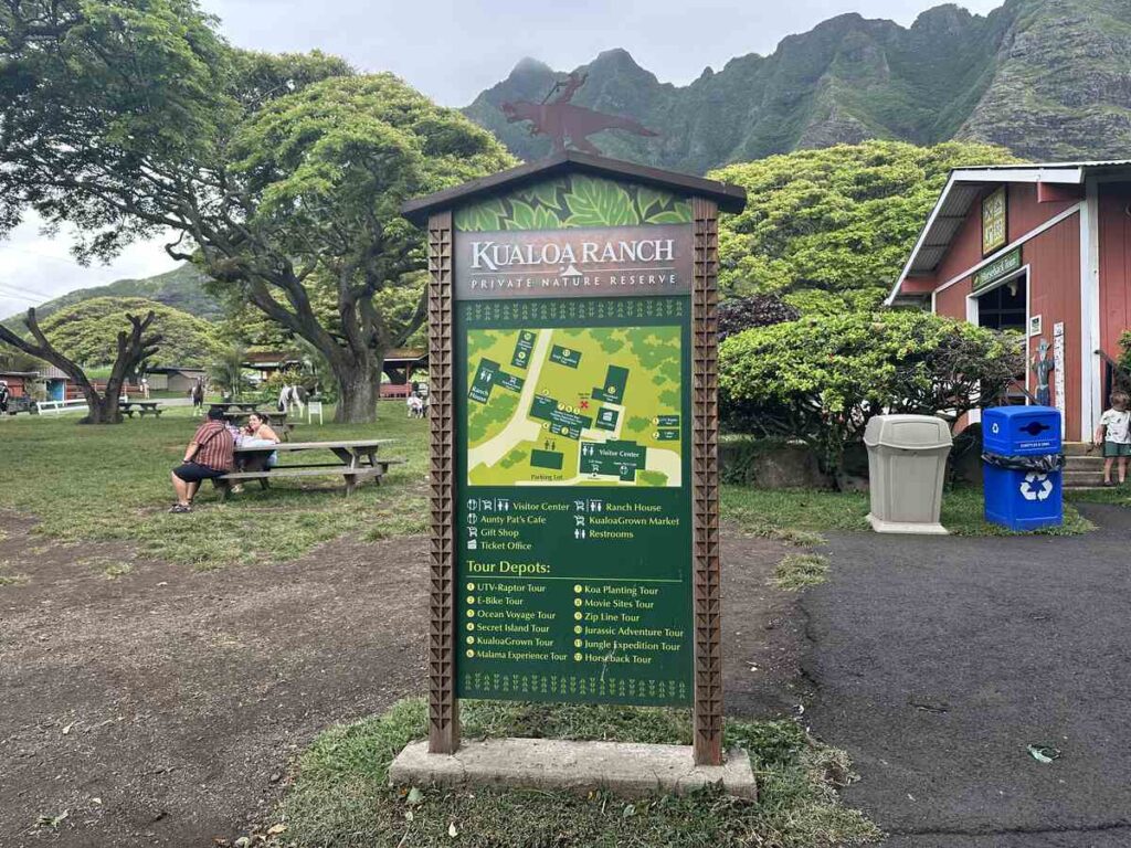 Kualoa Ranch visitor map showing tour depots, cafés, restrooms, and ranch facilities.
