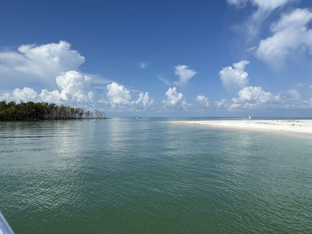 Calm turquoise water, mangroves, and a white sandbar under a bright blue sky near Marco Island, Florida.