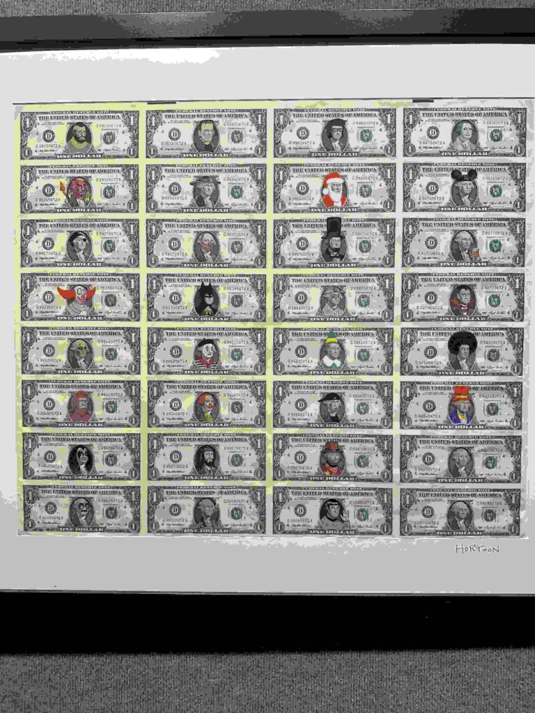 David Horton’s Dollars, a framed artwork showing rows of altered one-dollar bills with playful portrait details.