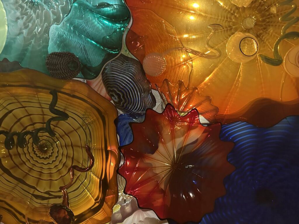 Close-up of colourful Dale Chihuly glass forms in amber, blue, red, orange, and turquoise.