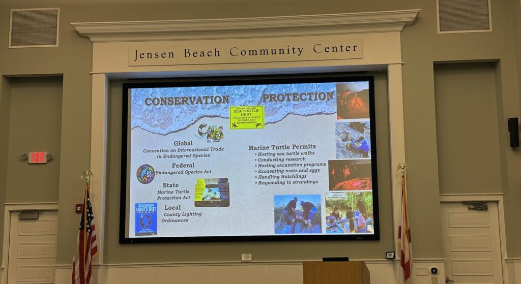 Conservation and protection presentation slide at Jensen Beach Community Center explaining marine turtle permits and sea turtle protection.
