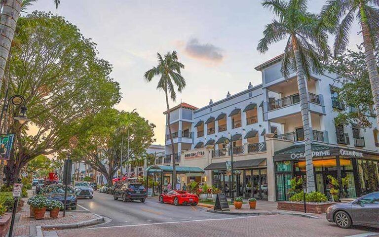 Fifth Avenue South in Naples, Florida, with palm trees, storefronts, parked cars, and restaurants along a walkable downtown street.