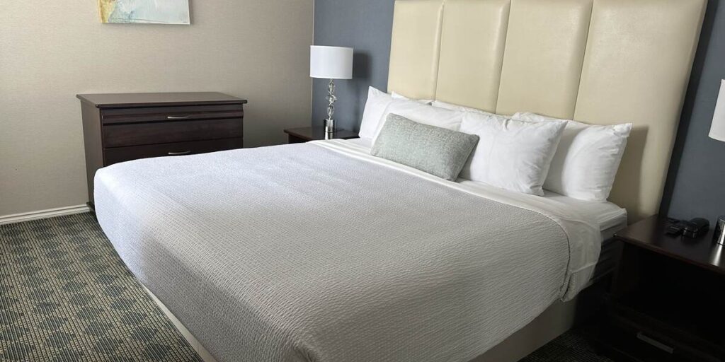 A neatly made king-size bed with crisp white bedding sits against a tall cream upholstered headboard and dark grey accent wall. Bedside tables, a dresser and simple contemporary artwork complete the spacious bedroom.