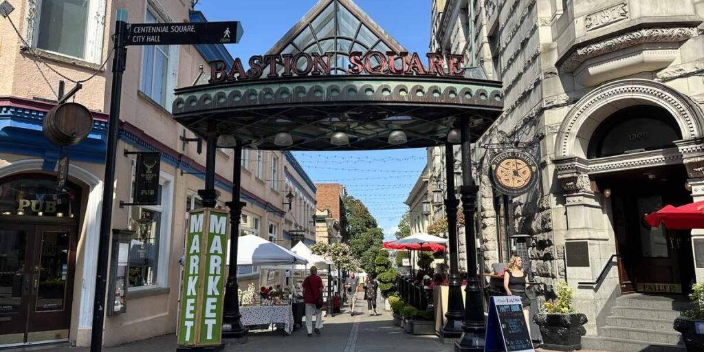 Bastion Square entrance and pedestrian market area in downtown Victoria, BC.