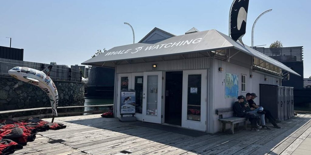 Whale-watching office on the dock at Orca Spirit Adventures in Victoria, BC.