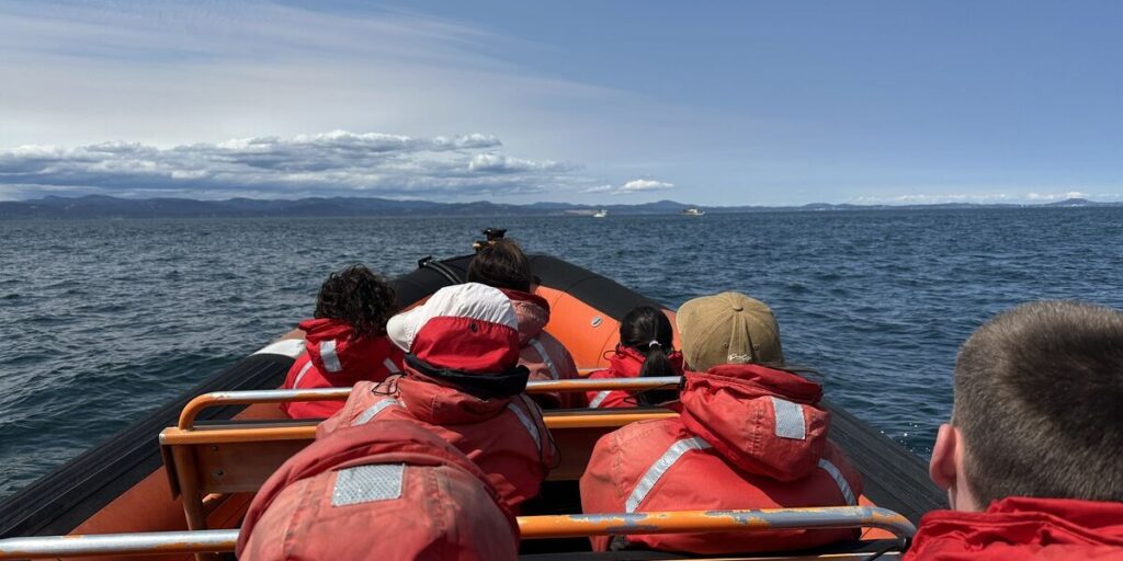 Whale-watching passengers in red flotation suits travelling across the Salish Sea near Victoria.