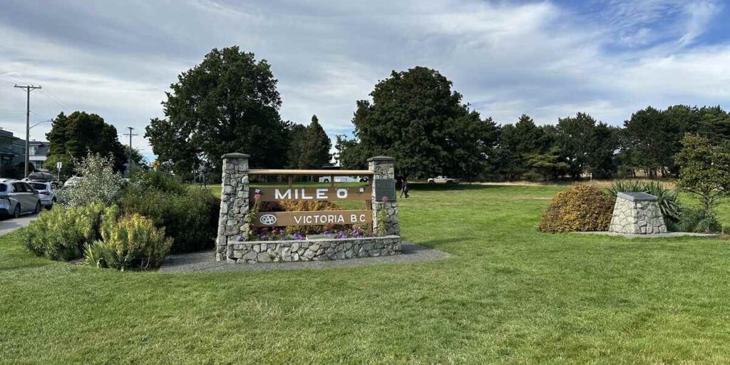 Mile 0 Victoria BC sign marking the western end of the Trans-Canada Highway.