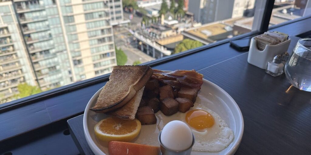 Breakfast beside panoramic downtown views at Vista 18 Restaurant in Victoria.