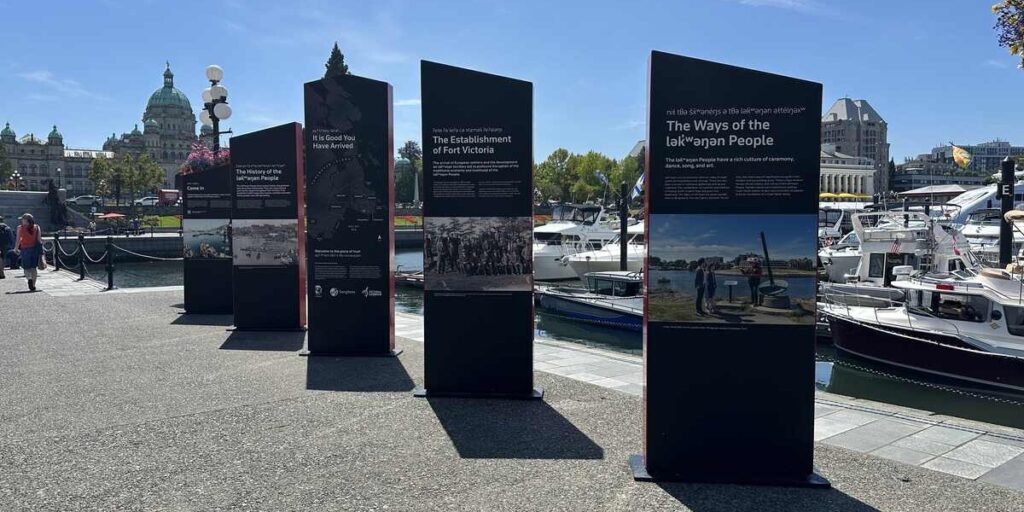 lək̓ʷəŋən history interpretive panels along Victoria’s Inner Harbour.